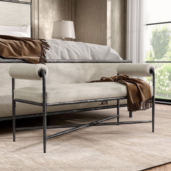 Lalia Modern Upholstered 48-inch Hammered Metal Accent Bench with Roll Arms, Gunmetal