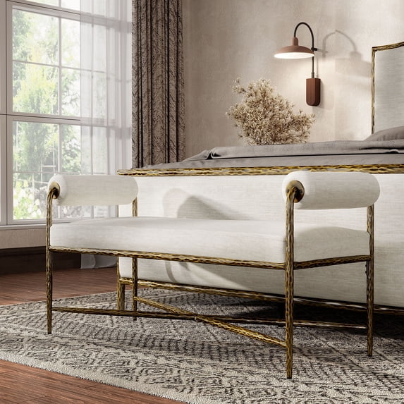 Lalia Modern Upholstered 48-inch Hammered Metal Accent Bench with Roll Arms, Matte Gold