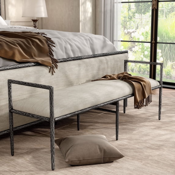 Lalia Modern Upholstered 59-inch Hammered Metal Accent Bench, Gunmetal