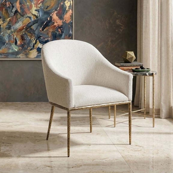 Lalia Modern Upholstered Dining Arm Chair with Metal Frame, Matte Gold