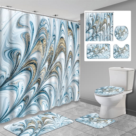 Lalilo 4 Pcs Agate Chinese Shower Curtain Sets with Rugs for Bathroom Decor,Ancient Oriental Bathroom Curtain Set with Mats