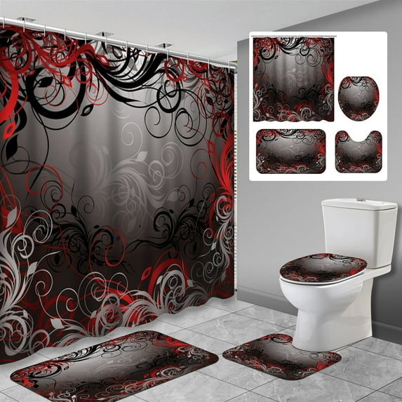 Lalilo 4 Pcs Black Red Shower Curtain Sets with Rugs for Bathroom Decor,and Gold Floral Abstract Bathroom Curtain Set with Mats