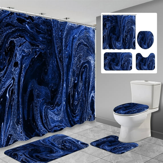 Lalilo 4 Pcs Blue Gray Shower Curtain Sets with Rugs for Bathroom Decor,Abstract Trendy and Can Bathroom Curtain Set with Mats
