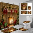 thumbnail image 1 of Lalilo 4 Pcs Christmas Shower Curtain Sets with Rugs for Bathroom Decor,and Fireplace Town Family Bathroom Curtain Set with Mats, 1 of 6