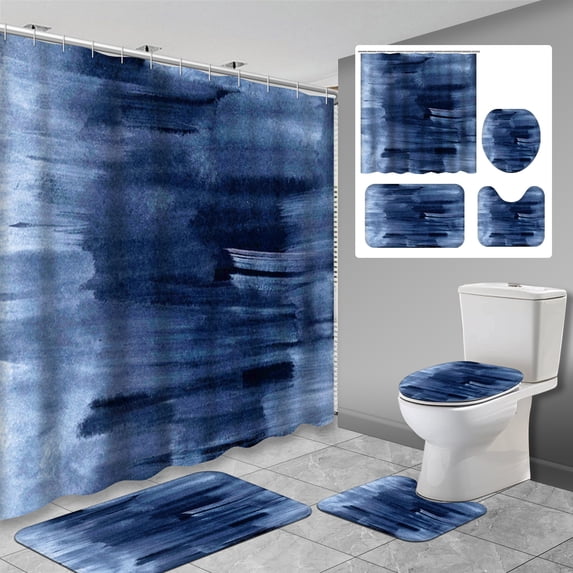 Lalilo 4 Pcs Ink Blue Shower Curtain Sets with Rugs for Bathroom Decor,Blue Watercolor Abstract Ink Bathroom Curtain Set with Mats