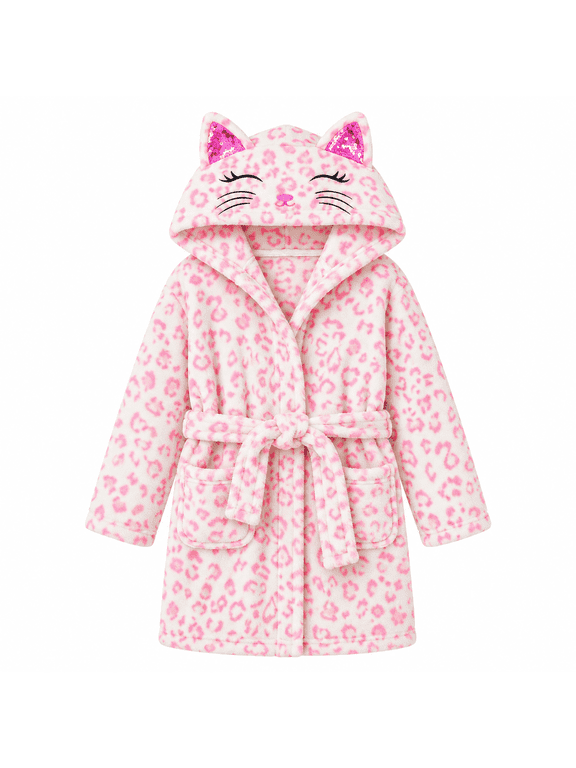 Girls Hooded Flannel Bathrobe with Embroidered Cat Design, Soft Kids Robe, Pink Leopard, Size 10Y