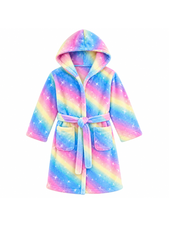 Girls Hooded Plush Fleece Bathrobe, Soft Kids Robe with Belt & Pockets, Rainbow Stars & Unicorn Prints