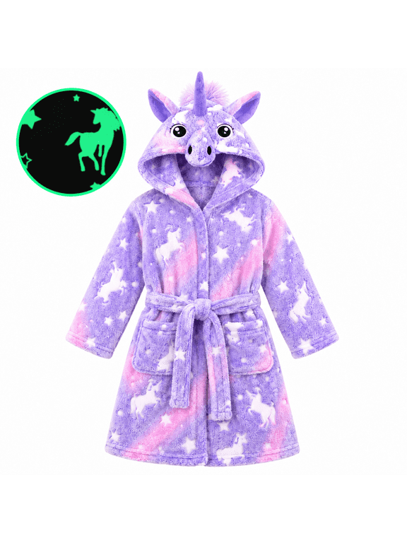 Glow in the Dark Unicorn Bathrobe for Girls, Soft Hooded Coral Fleece Robe with Belt & Pockets, Ages 3-12
