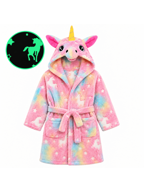 Glow in the Dark Unicorn Bathrobe for Girls, Soft Hooded Coral Fleece Robe with Belt & Pockets, Ages 3-12