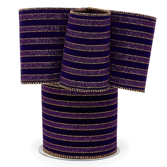 Purple Velvet Glitter Striped Ribbon - 4" x 10 Yards, Halloween, Wired Edge, Wreath, Masquerade, Carnival, Royalty, Mask, Garland, Gift Wrapping, Bows, Christmas, New Year's