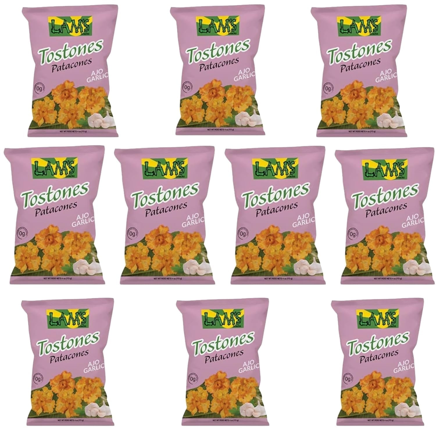 Lam's Tostones Garlic, No Trans Fat, Gluten Free, 10 x 4 oz, Smashed Plantain Chunks, Thin and Crispy (Pack of 10, Garlic)