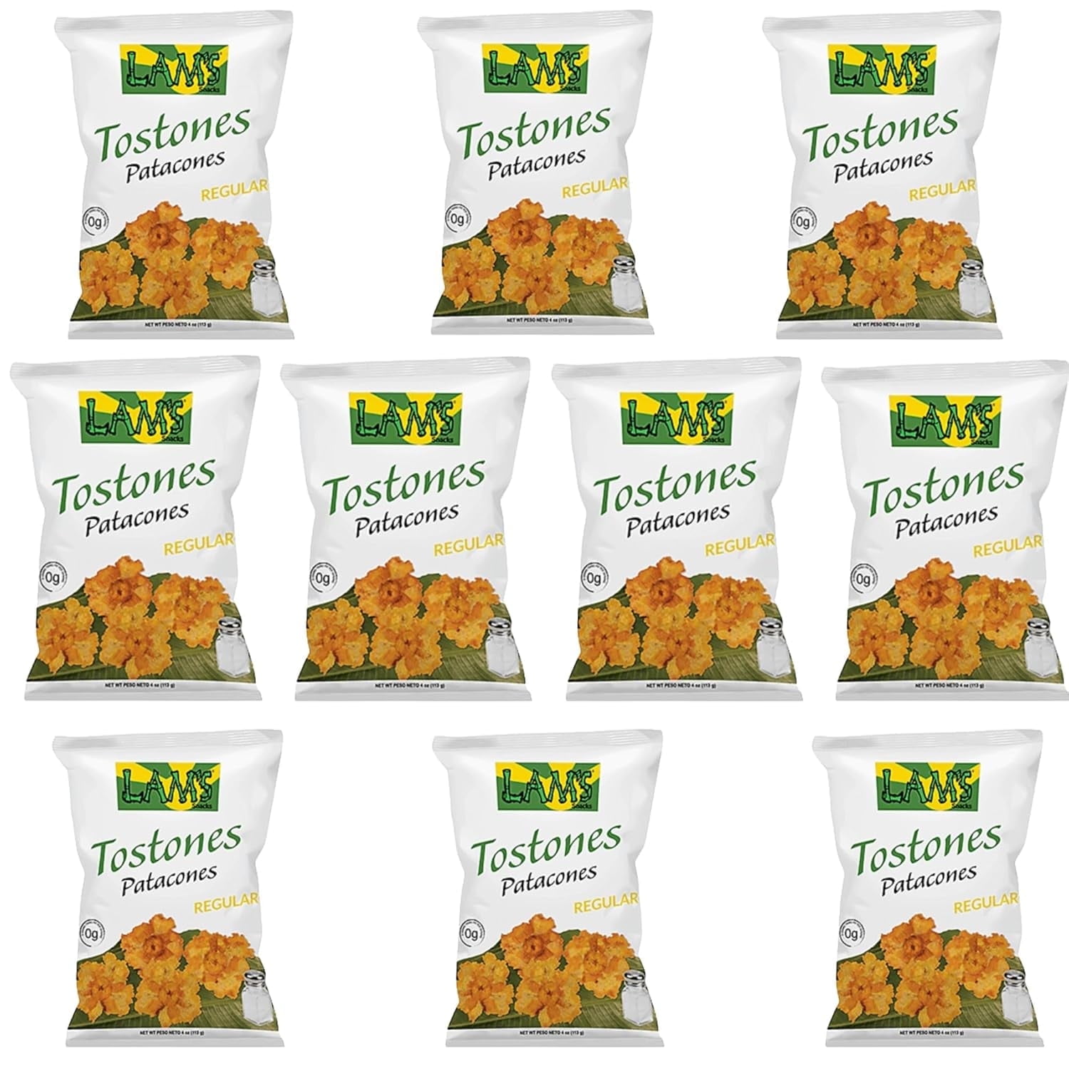 Lam's Tostones Salted, No Trans Fat, Gluten Free, 10 x 4 oz, Smashed Plantain Chunks, Thin and Crispy (Pack of 10, Salted)