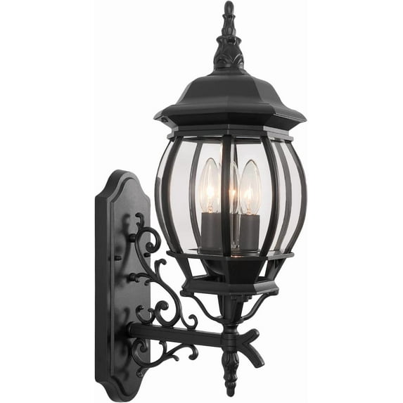 LamQee 3-Light Outdoor Wall Light Fixture Waterproof Exterior Wall Sconce 23.2" H Cast Aluminum Glass Shade Matte Black Outside Wall Mount Light Lantern for Porch Garage Doorway Entryway, E12 Base