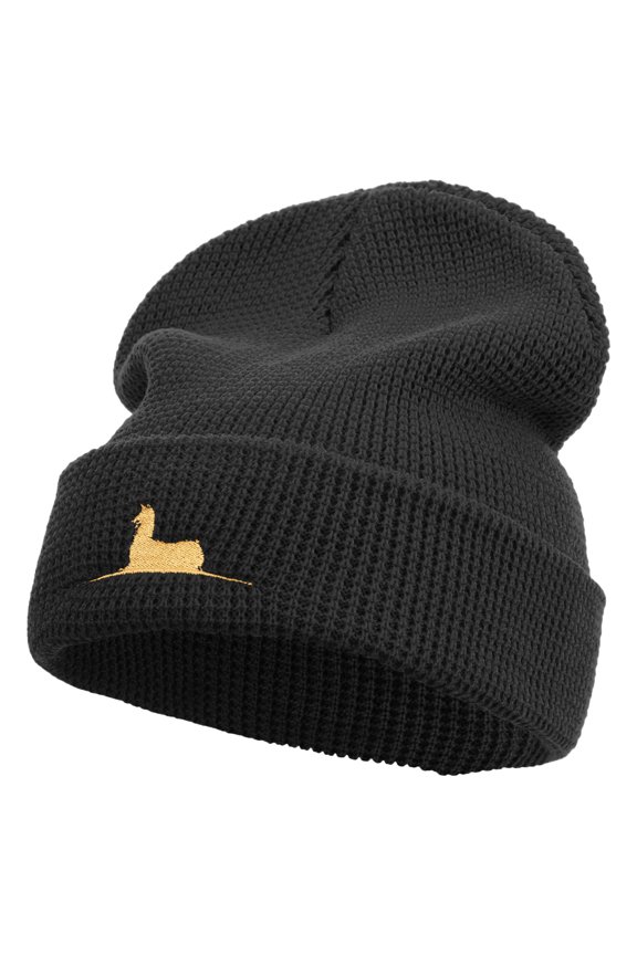 Lama Logo Embroidered Waffle Knit Cuff Beanie - Black OSFM