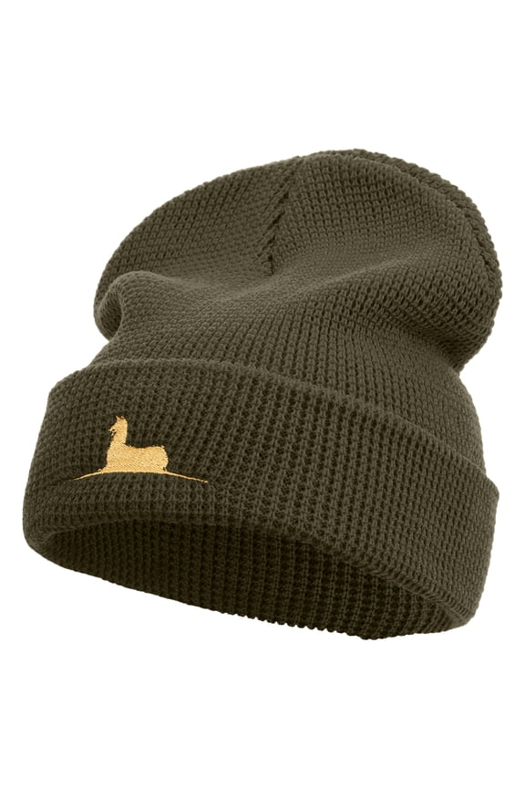 Lama Logo Embroidered Waffle Knit Cuff Beanie - Olive OSFM