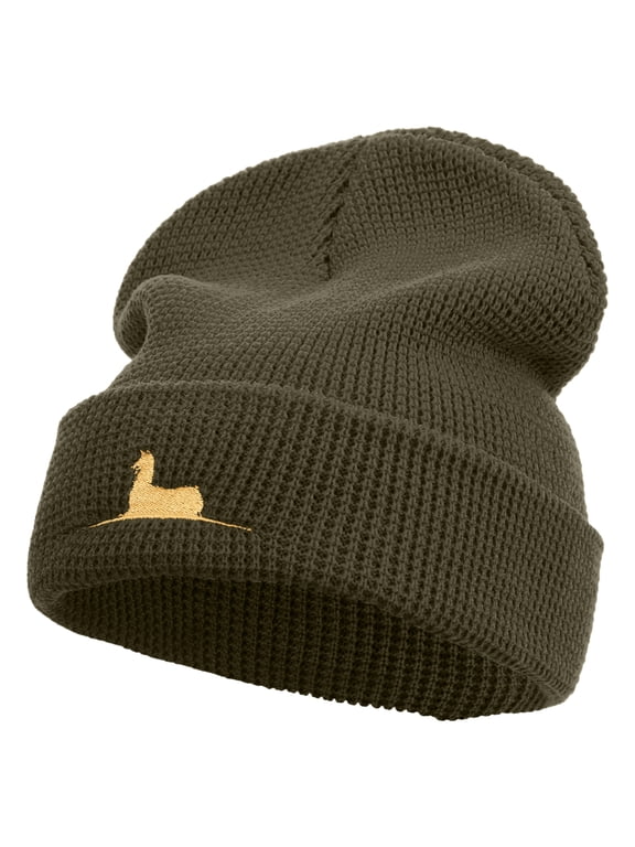 Lama Logo Embroidered Waffle Knit Cuff Beanie - Olive OSFM