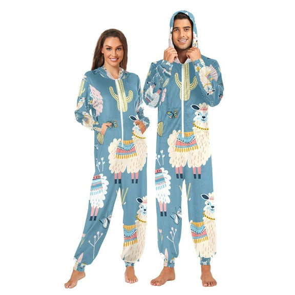 Lama Sheep Adult Onesie Pajamas Slim Fit Christmas One Piece Suit Pjs for Women and Men Hooded Zipper