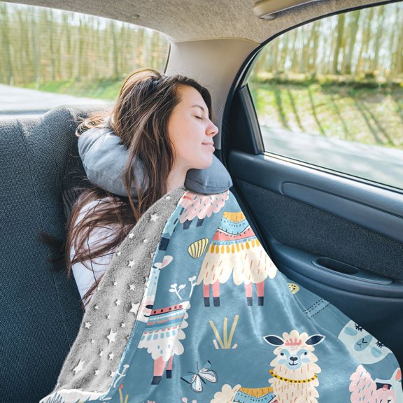 Lama Sheep Travel Blanket Pillow Compact Foldable Airplane Throw Blanket with Trolley Sleeve for Travel Camping