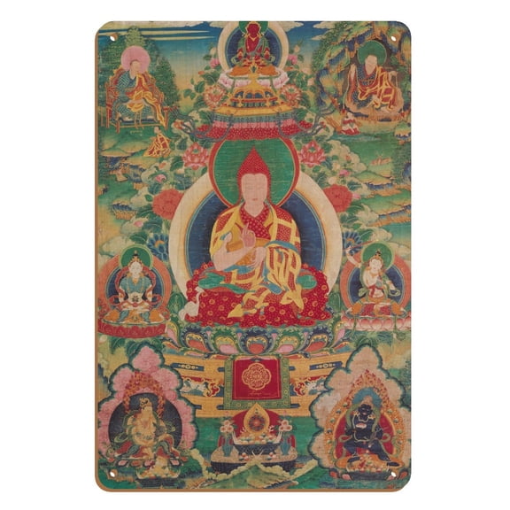 Lama (Teacher) Bodong Chogle Namgyal (1376-1451) - Vintage Tibetan Thangka Buddhist Painting - Tibet, 18th Century - 8 x 12 inch Vintage Wood Art Sign