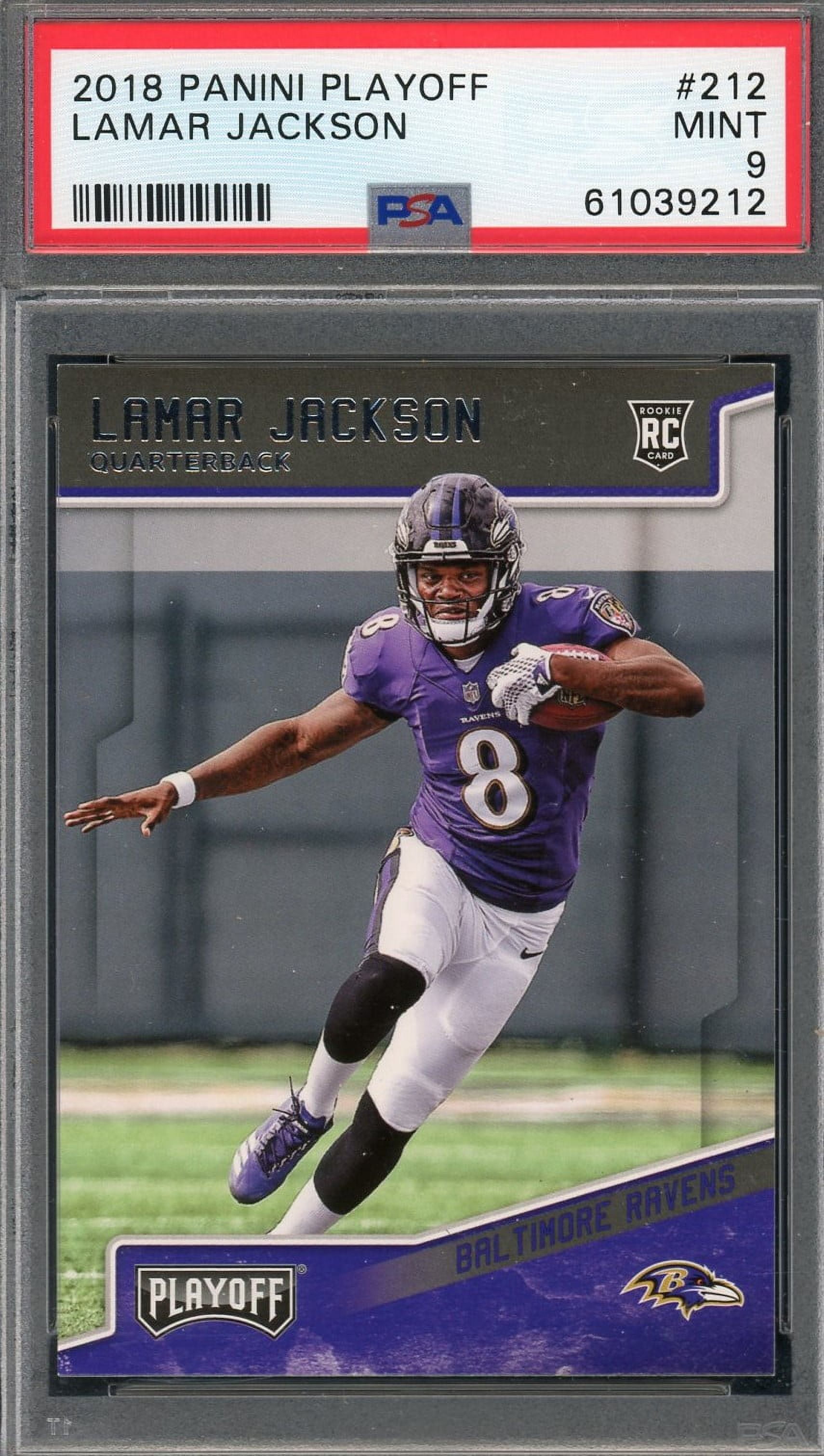 lamar jackson graded rookie card 2018 Panini Prizm #212 after graded card features an action shot of the Baltimore Ravens star Lamar Jackson 2018 Panini Donruss