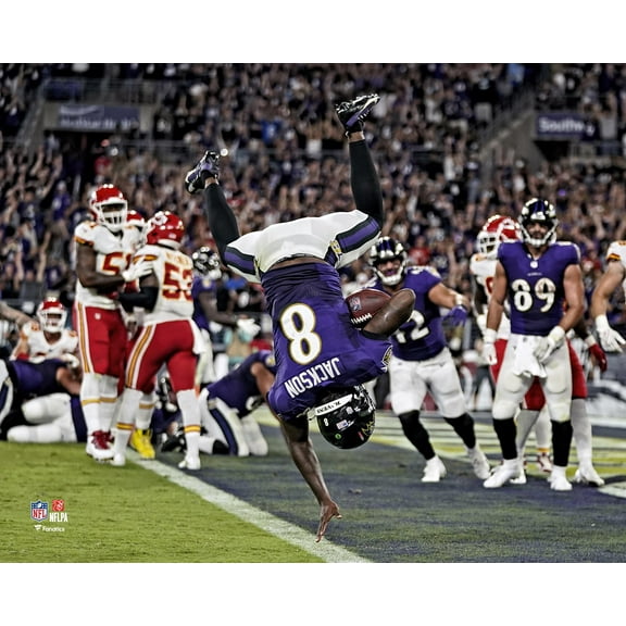 Lamar Jackson Baltimore Ravens Unsigned Touchdown Flip Photograph