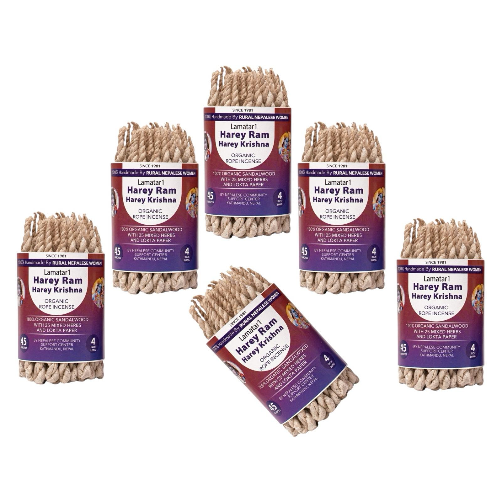 Lamatar1 Harey Ram Harey Krishna Rope Incense Set of 6 Bundles, 4 Inches Long, 45 Ropes per Bundle | Handmade in Nepal with Natural Juniper, Astasugandha & Herbs | Hand-Rolled Lokta Paper