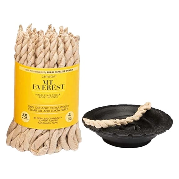 Lamatar1 Rope Incense Burner with Himalayan Cedar Rope Incense 45 Pcs - 4 inch Long each