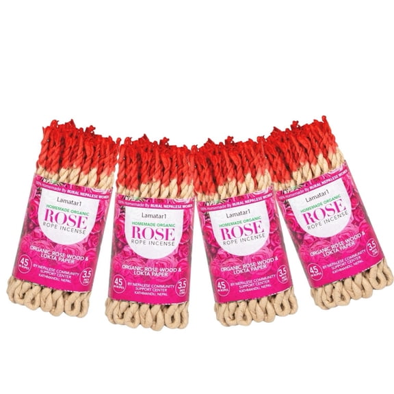 Lamatar1 Rose Rope Incense Set of 4 Bundles, 45 Ropes per Bundle, 3.5 Inches Long Handmade Organic Rose Oil & Lokta Paper Incense Natural Aromatherapy & Meditation Fragrance Gift from Nepal