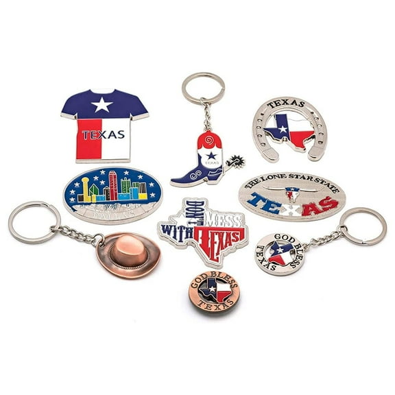 Lamatar1 Texas Bundle Souvenir Gift Metalic Magnet Set Fridge Magnet High Quality with Texas Souvenir Hat, Boot and God Bless Texas Key Chain (Magnet 6pcs (Dallas) 3 Pcs Keychain)