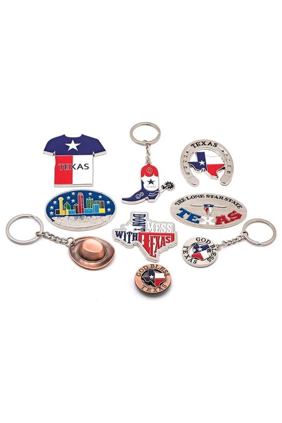 Texas Bundle Souvenir Gift Metalic Magnet Set Fridge Magnet High Quality with Texas Souvenir Hat, Boot and God Bless Texas Key Chain (Magnet 6pcs (Dallas) 3 Pcs Keychain)