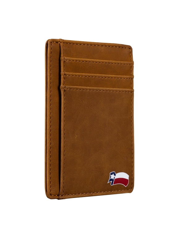 Texas Lucky Charm Armadillo on Cardholder Slim Front Pocket Wallet, PU Leather, Khaki, Card Holder, RFID Blocking with Texas Souvenir Logo, Gift for Texans and their lovers.