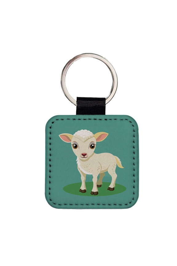 Lamb Baby Cute Faux Leather Square Keychain