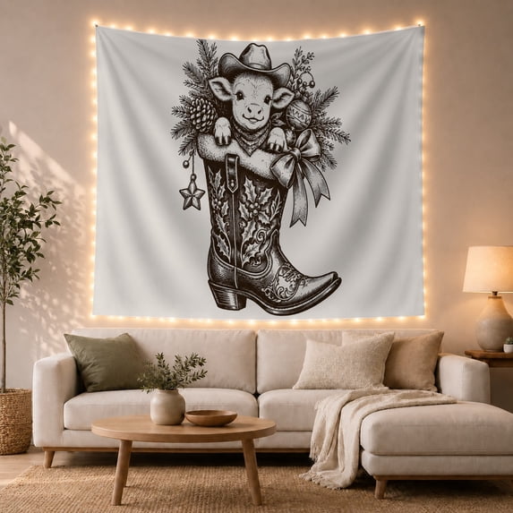 Lamb in Decorated Cowboy Boot with Pinecones, Cozy Rustic for Animal Lovers, Holiday Western Decor, Christmas Gift, Tapestry Wall Hanging for Bedroom and Living Room