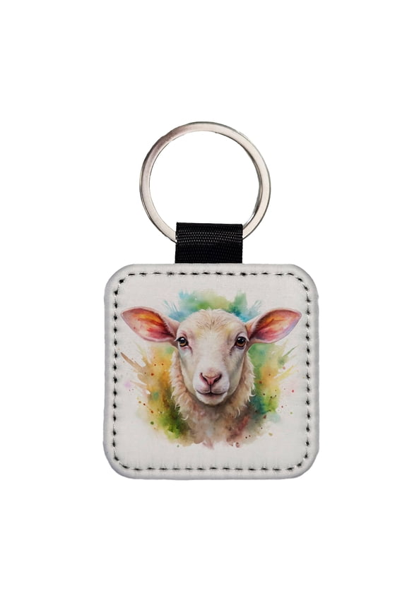 Lamb Face Watercolor Faux Leather Square Keychain