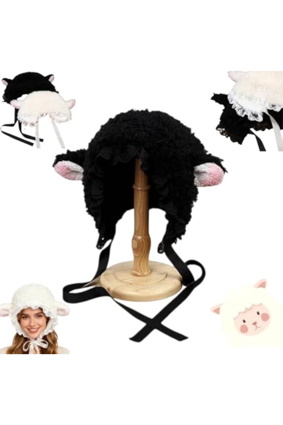 Lamb Fleece Bonnet, Soft Lamb Bonnet with Sheep Ears Hat and Strap for Girls, Cute Y2k Beanie Kawaii Cap Winter(Black-S)