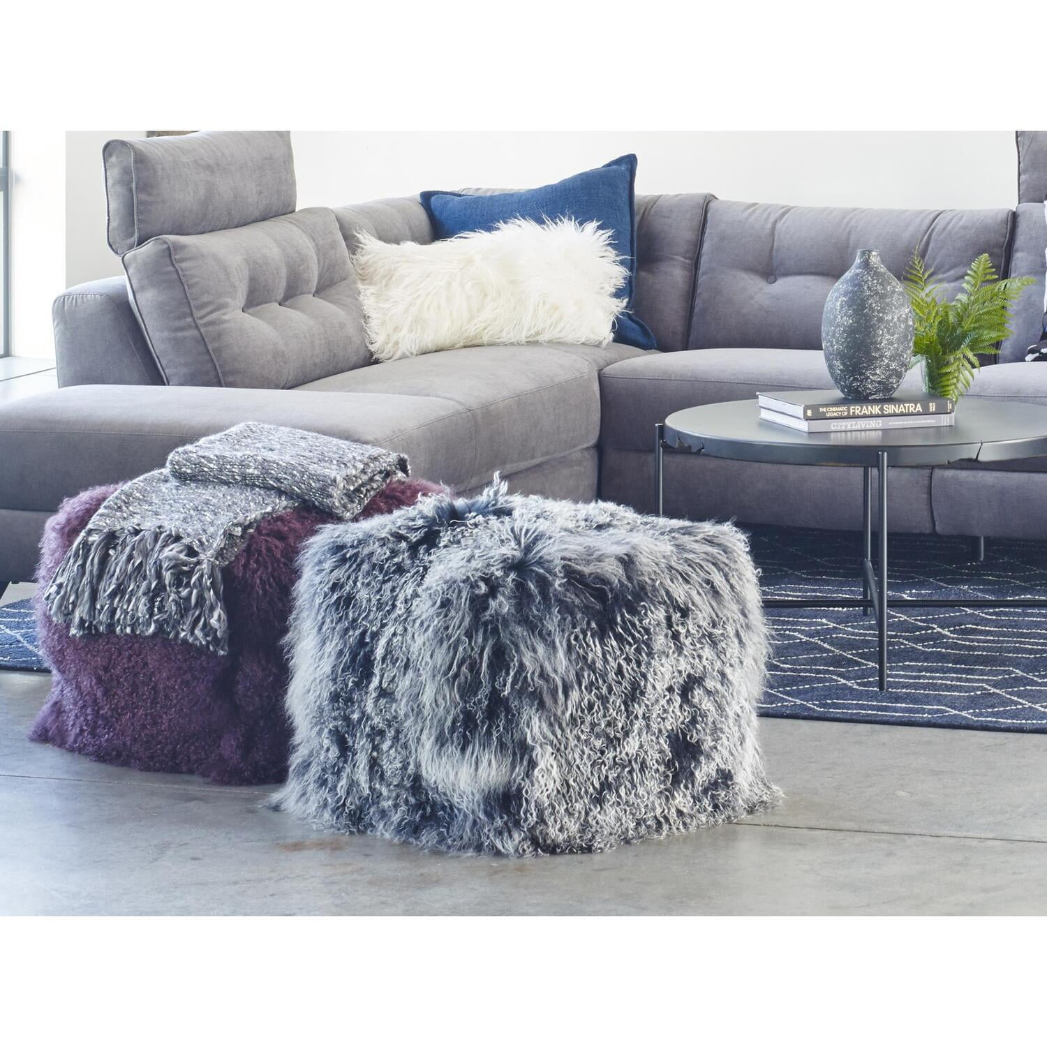 Modern Black Snow Faux Lamb Pouf Ottoman, 22" Square