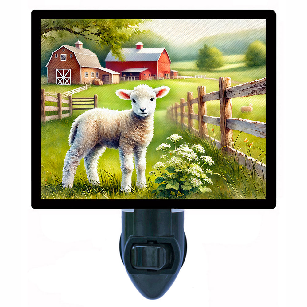 Lamb in Gentle Pasture Night Light – Baby Sheep by Wooden Fence with Red Barn and Green Fields, Rustic Farmhouse Spring Décor – Includes Free Switchable Insert