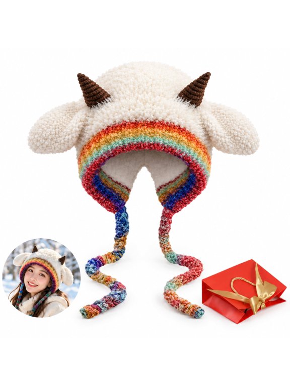 Lamb Hat for Women,Plush Sheep Earflap Winter Cap with Horns and Ties,One Size 22in