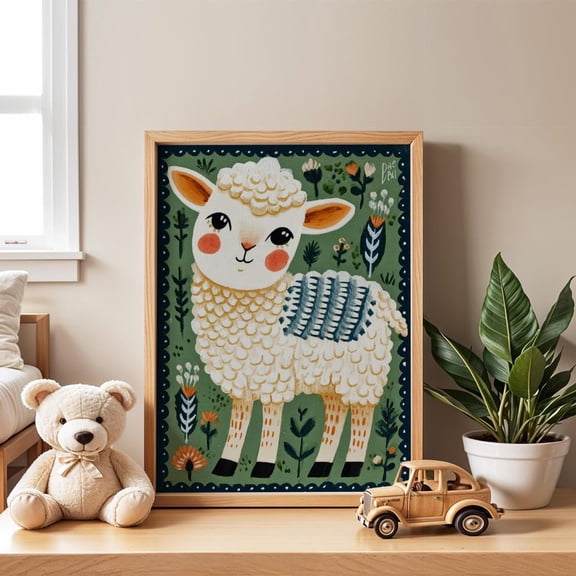 Lamb Nursery Cute Animal Baby Room Sheep Farm Theme Nature Playroom Decor, Unframed Paper Poster 8x10in