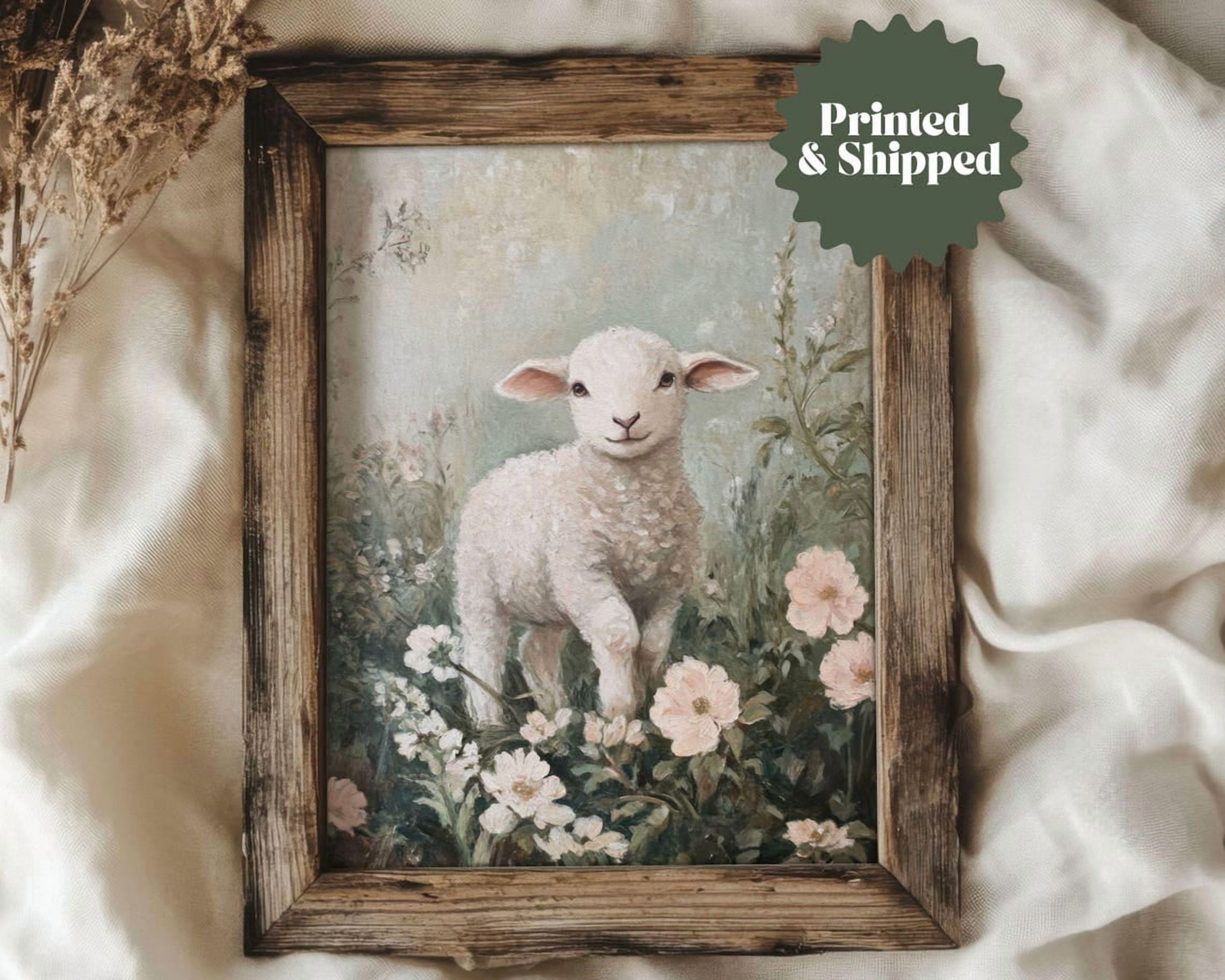 Lamb On Flower Meadow Light Green Vintage Style Sheep Wall Art Print ...