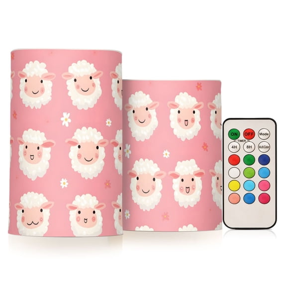 Lamb Pattern Flameless LED Candle Set with Remote, Battery Operated Color Changing Pillar Candles, Set of 2