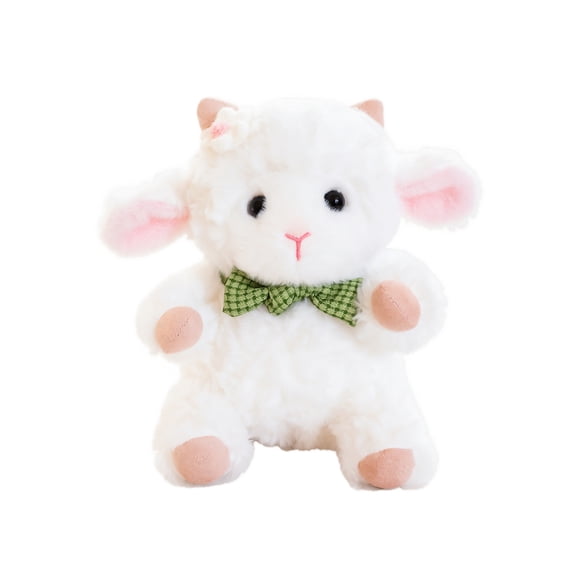 Lamb Plush Toy, Soft Fluffy Stuffed Sheep with Green Plaid Bow Tie and Small Decorative Flower, Adorable White Plush Animal for Kids Toddlers Birthday Gift Bedtime Companion Home Decoration