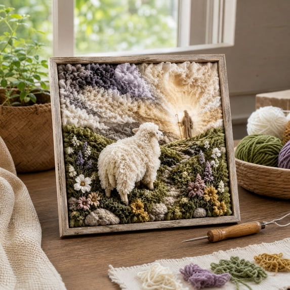 Lamb Punch Needle Art Kit With Wooden Frame, Sheep Yarn Embroidery Set for Adults and Beginners, Religious Handmade Wall Decor, 7.87 x 7.87 Inch