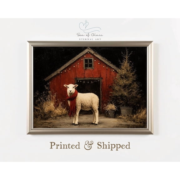 Lamb and Red Barn Poster Rustic FarmhouseWall Art Poster, Moody Sheep Artwork, Primitive Winter Trees Wall Art Poster, Unframed Poster Size 24x36 F03.1.18l1657