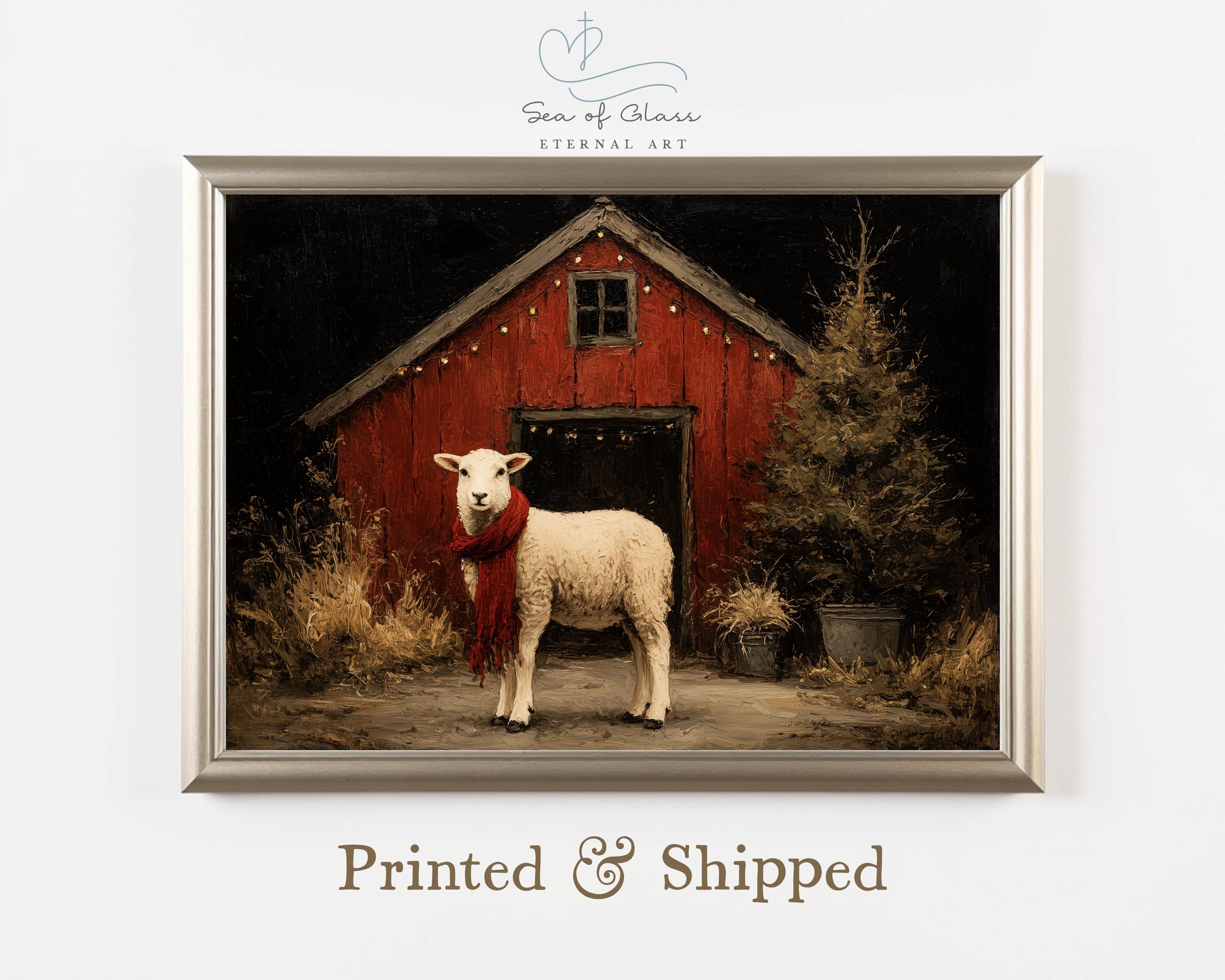 Lamb And Red Barn Poster Rustic Farmhousewall Art Poster, Moody Sheep ...