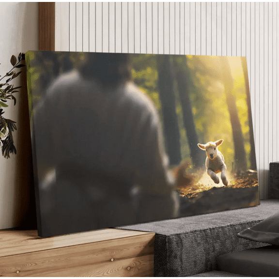 Lamb Running To Jesus Christian Canvas Wall Art, Bible Verse Scripture Print, Inspirational Religious Wall Decor Gift