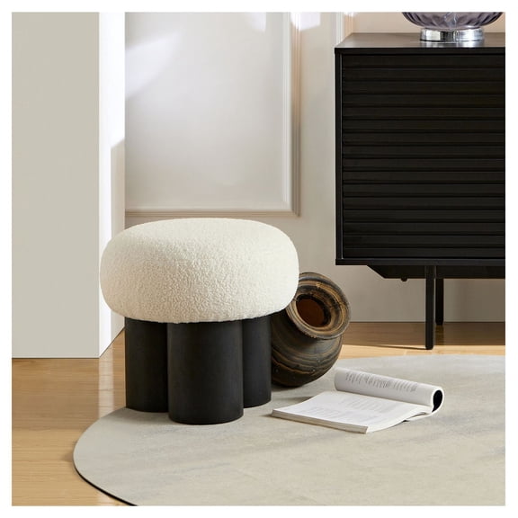 Lamb Wool Stool - White Mushroom Ottoman, Barrel PVC Pipe with Ash Willow Base - Modern Footrest, Accent Seat, Kids' Play Stool