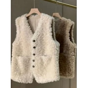 Lamb Wool Vest Women V-neck High Street Button Up Waistcoat Winter Fur All-in-one Fashion Korean Sleeveless Jacket