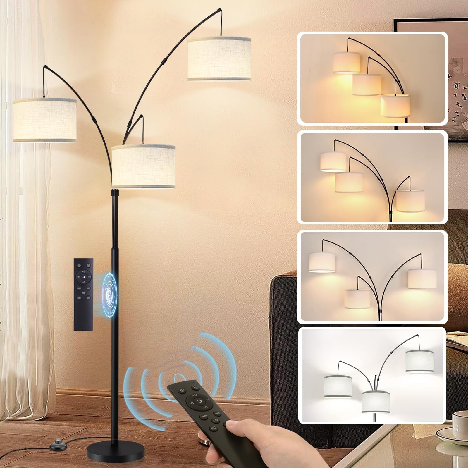 Lambaloom 3-Light Modern Remote Control Black Arched Floor Lamp with Beige/Grey Drum