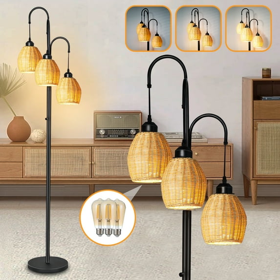 Lambaolom Rattan Boho Floor Lamp: Stepless Dimmable for Living Room, 3-Light Tree Design, Includes 3 Pcs 6W LED Bulbs